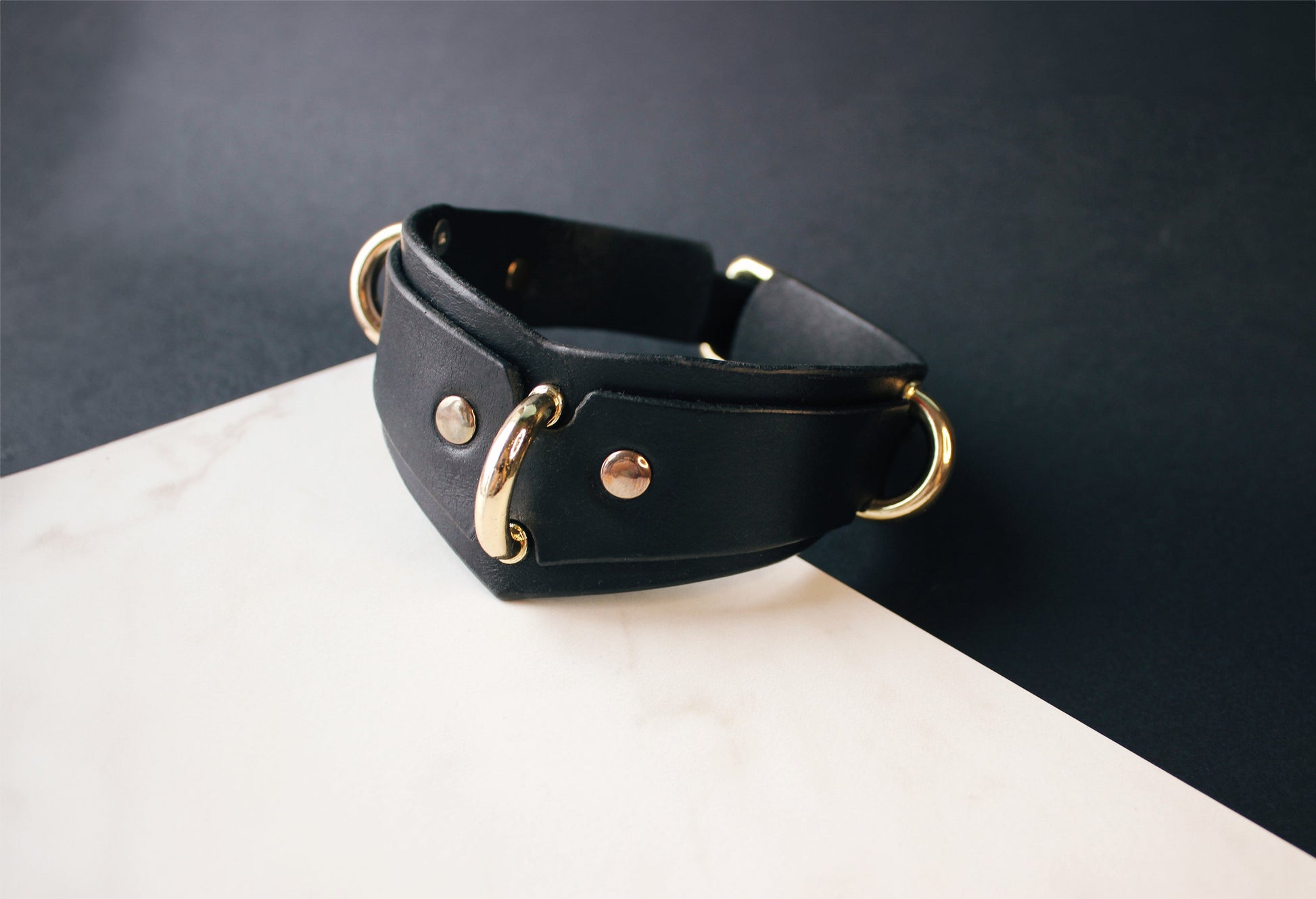 Black leather collar with gold hardware on a dark background