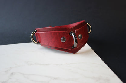Red leather collar with metal rings on a white surface and dark background