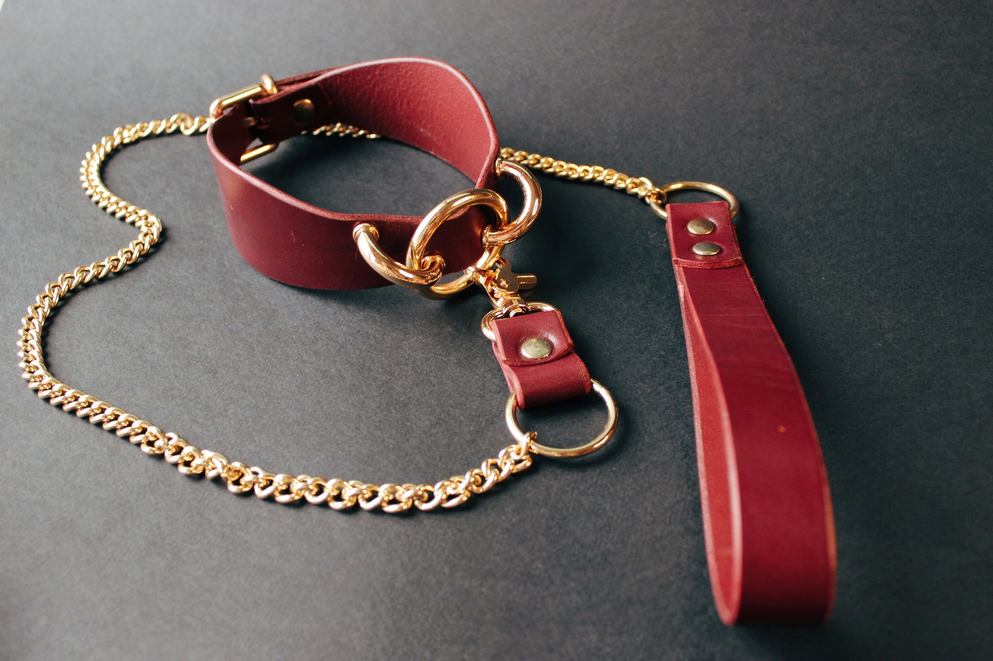 Red leather collar with gold chain on a dark background