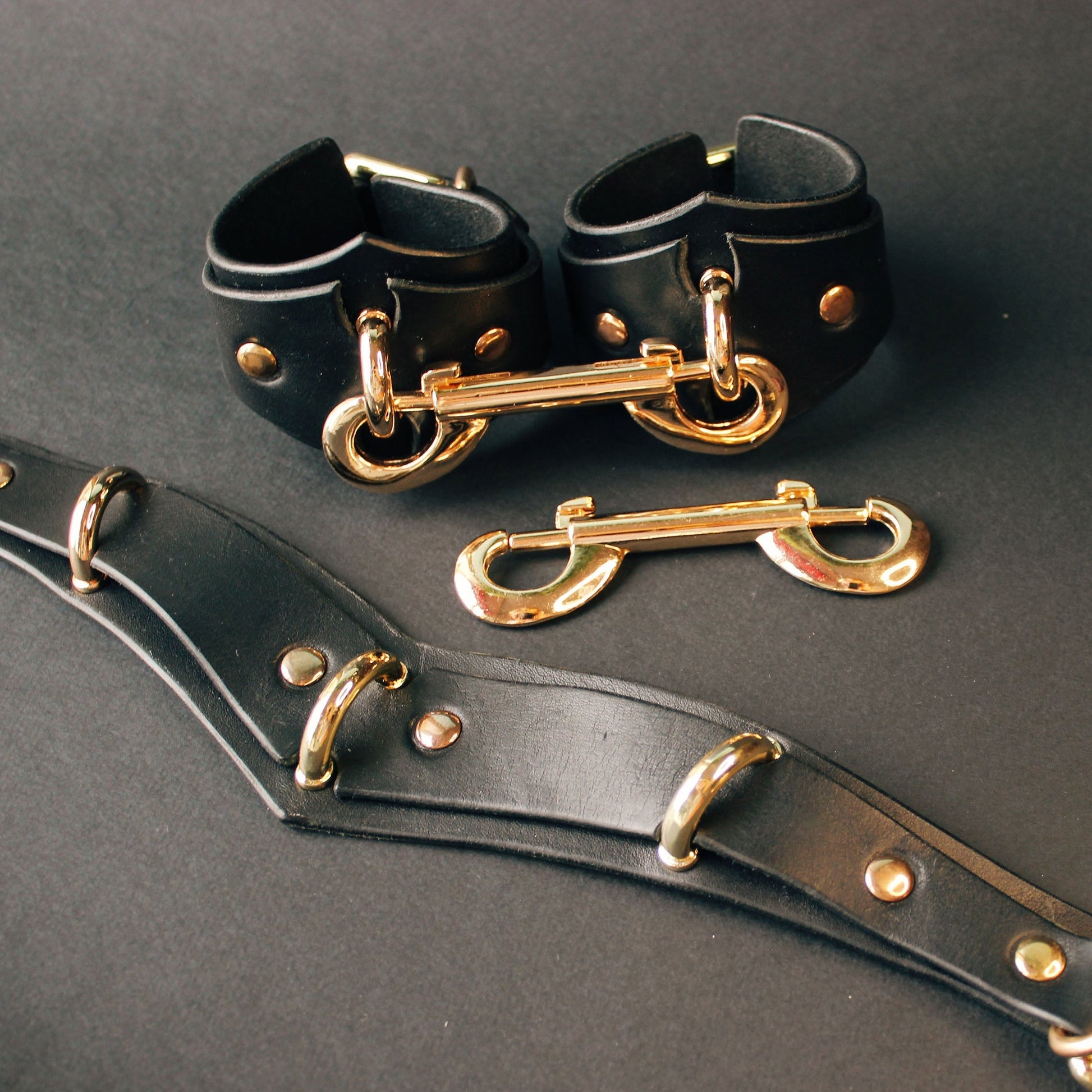 Black leather collar cuffs with gold hardware on a dark background