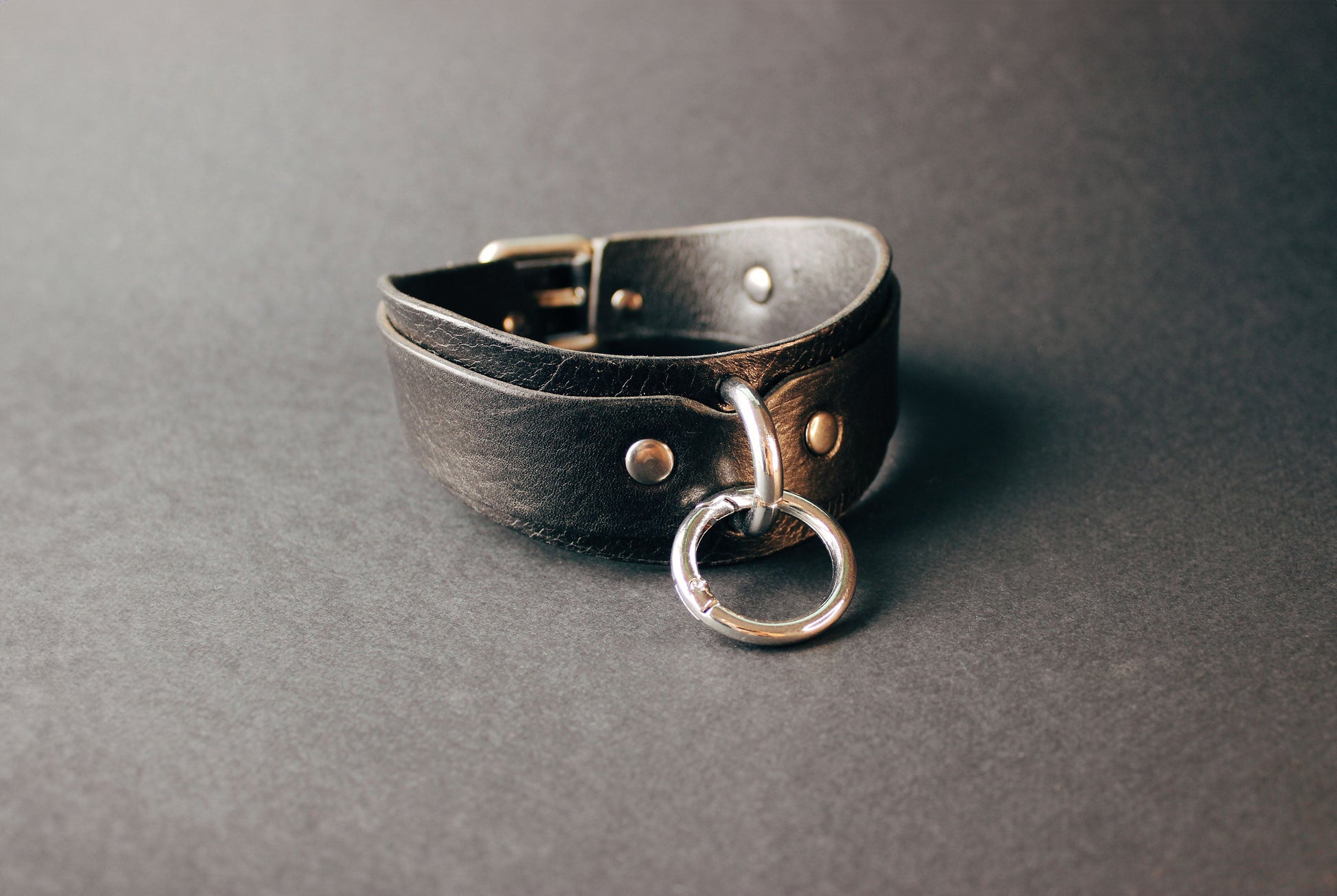 Leather collar with metal ring on a gray background