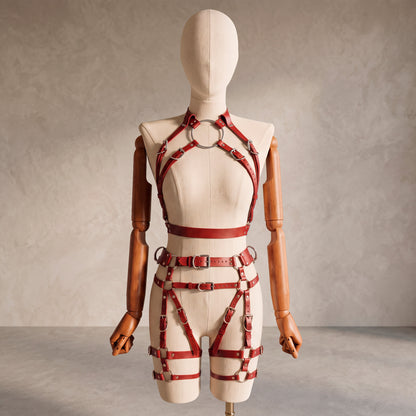 Front view of a deep red leather full body harness set with an open bust harness, open crotch garter belt, removable leather handle, large front ring, adjustable straps, and gold-tone metal hardware.
